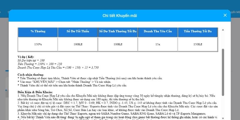 Quy định nhận thưởng 150% đăng ký thể thao/esports